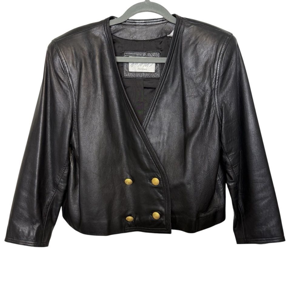 Vintage Lord & Taylor Black Lamb Leather Double Breasted Jacket Gold Buttons 12P